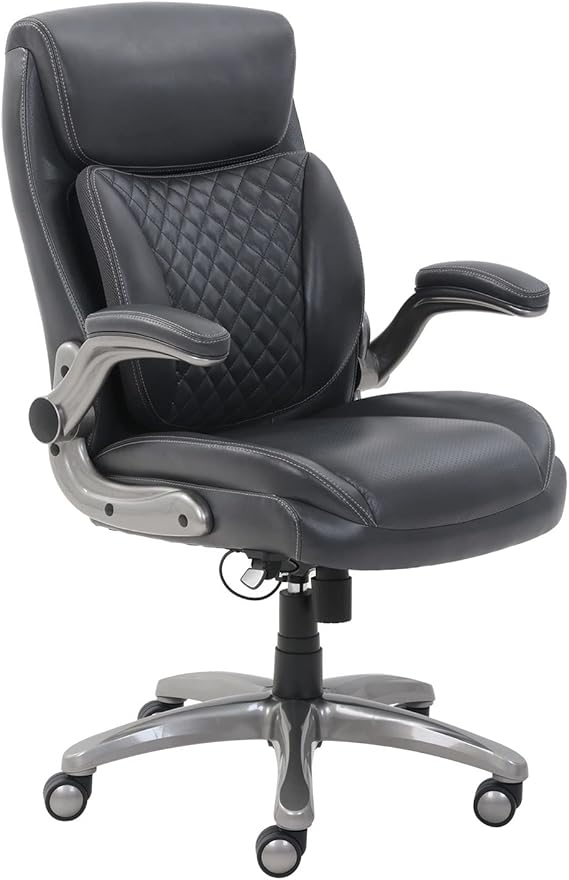 Amazon Basics Ergonomic Desk Office Chair, Flip-up Armrests, Adjustable Height, Grey Leather