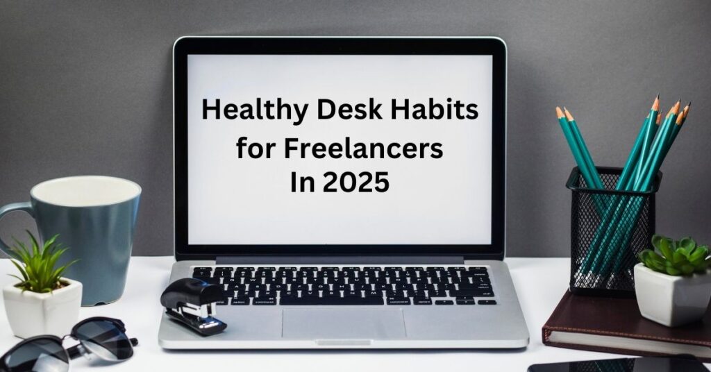 Freelancer working with healthy desk habits in an ergonomic workspace for 2025.