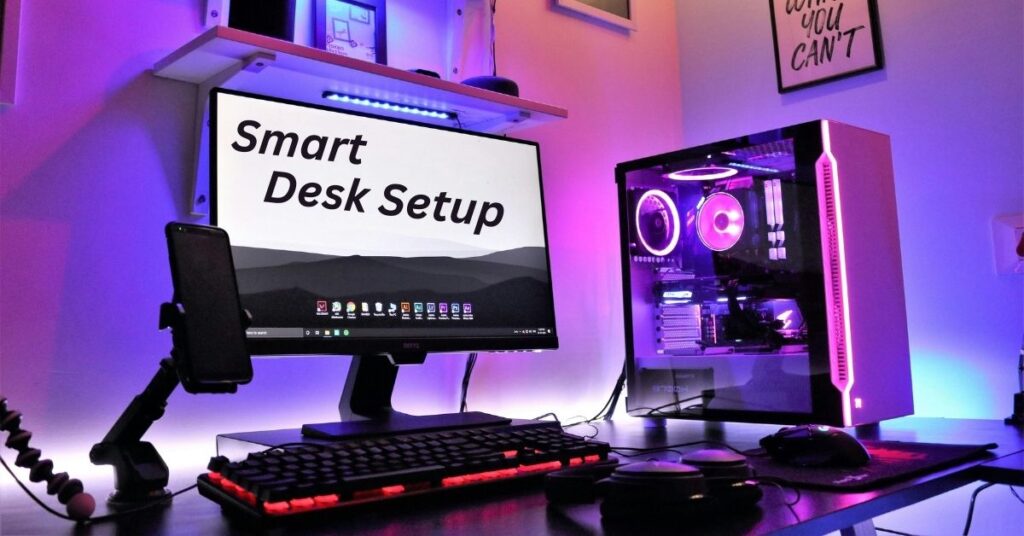 Futuristic smart desk setup with AI tools, ergonomic furniture, and modern office technology in 2025